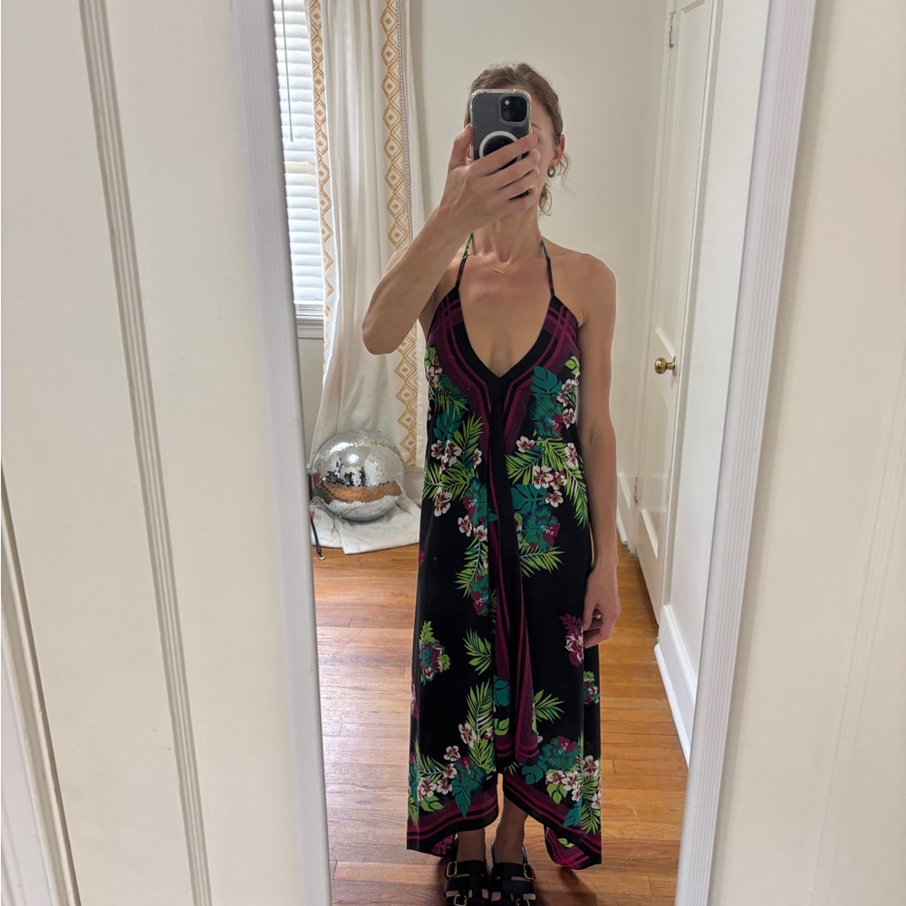 Old Navy Black Floral Halter Maxi Dress with Green and Pink Accents